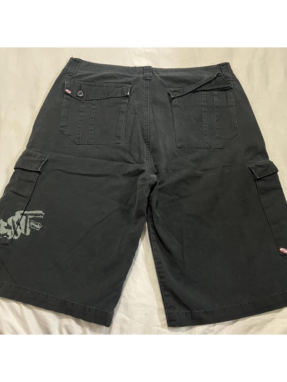 Y2K Split Baggy Cargo Graphic Spellout Shorts Surf Skate 35x11.5 Grunge Utility
